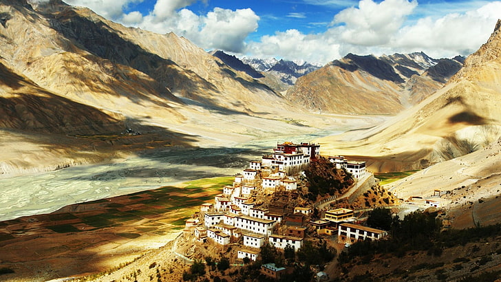 흰색 콘크리트 건물, 티베트, 수도원, 히말라야, HD 배경 화면