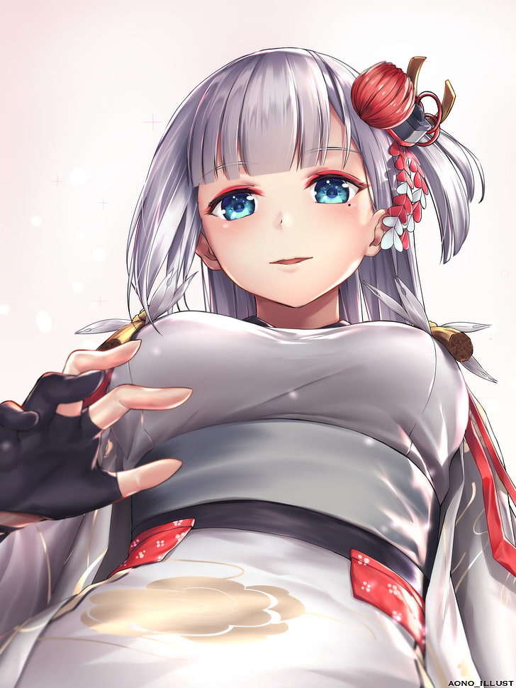 grey haired female anime character, boobs, white  background, Azur Lane, Shozuru (Azur Lane), yukata, silver hair, blue eyes, HD wallpaper
