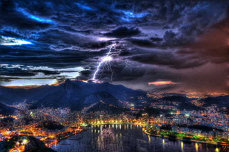 Рио де Жанейро, Бразилия, гръмотевици, Рио де Жанейро, Бразилия, пейзаж, Нощ, небе, облаци, гръмотевици, Мълния, пристанище, залив, светлини, буря, лодки, къщи, HD тапет HD wallpaper