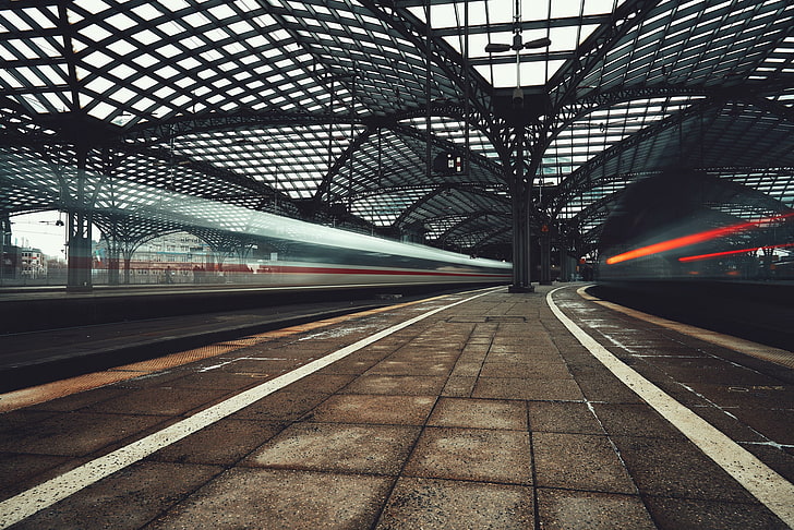 train station, railway, train, long exposure, Germany, motion blur, beige, HD wallpaper