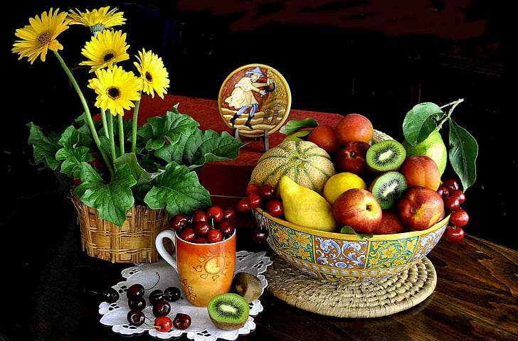 flores, frutas, canecas, flores amarelas, kiwi (frutas), tigelas, vaso de flores, cerejas (comida), HD papel de parede