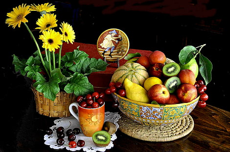 fiori, frutta, tazze, fiori gialli, kiwi (frutta), ciotole, vaso di fiori, ciliegie (cibo), Sfondo HD HD wallpaper