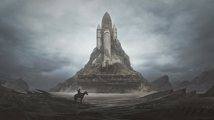horse, space shuttle, wasteland, apocalyptic, launch pads, dystopian, artwork, HD wallpaper