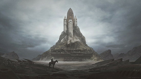 horse, space shuttle, wasteland, apocalyptic, launch pads, dystopian, artwork, HD wallpaper HD wallpaper