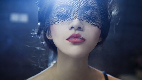 модел, жени, устни, пушене, азиатски, лице, затворени очи, червено червило, HD тапет HD wallpaper