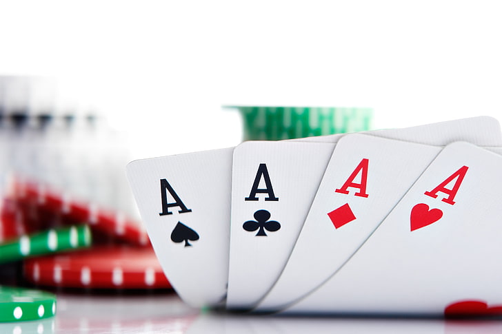 four white playing cards, card, chips, poker, aces, HD wallpaper
