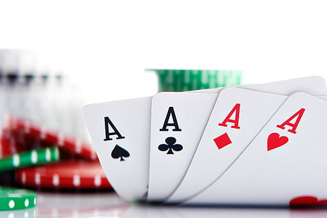 four white playing cards, card, chips, poker, aces, HD wallpaper HD wallpaper
