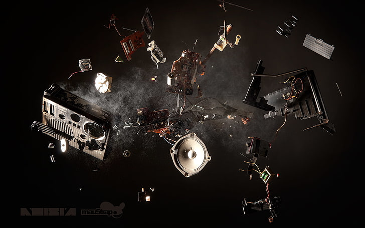 gray subwoofer, the explosion, fragments, music, dust, speaker, Noisia, tape, Boombox, radio, Could This Be, CTB, mau5trap, drum &amp; bass, HD wallpaper