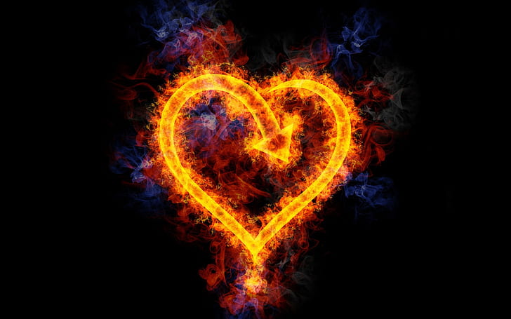 Пламъкът обича сърцевидна, синя, черна и оранжева декорация на сърце, Пламък, Любов, Сърце, HD тапет