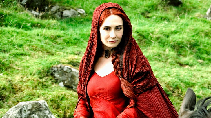 Melisandre, Game of Thrones, hoods, Carice van Houten, HBO, red dress, cloaks, TV, HD wallpaper