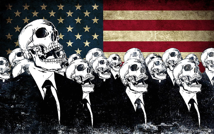 Esqueleto con traje y bandera de la ilustración de EE. UU., Estados Unidos, dibujos animados, minimalismo, bandera, obra de arte, cráneo, Fondo de pantalla HD