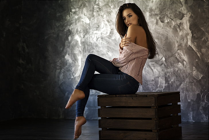 wanita, jeans, potret, duduk, Wallpaper HD