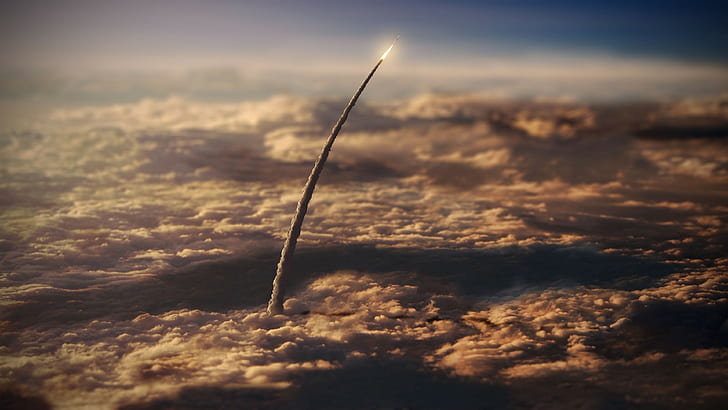 clouds, NASA, space, rocket, Launch, smoke, tilt shift, HD wallpaper
