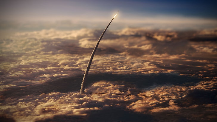 biała rakieta, ilustracja rakiety, przestrzeń, NASA, tilt shift, chmury, rakieta, start, dym, Tapety HD