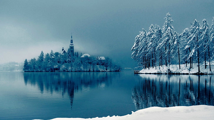 ruhiges Gewässer, Natur, See, Insel, Winter, Landschaft, Kirche, HD-Hintergrundbild