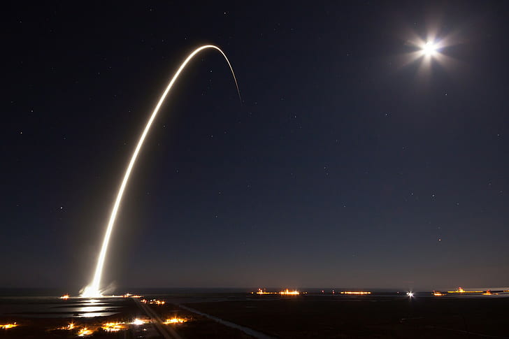 rocket, long exposure, night, sun rays, launching, SpaceX, fire, HD wallpaper