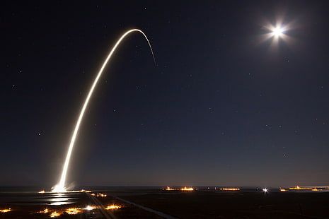 rakieta, długa ekspozycja, noc, promienie słoneczne, start, SpaceX, ogień, Tapety HD HD wallpaper