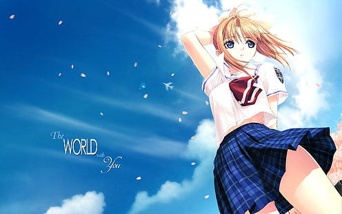 anime, anime girls, blonde, cheveux longs, yeux bleus, uniforme scolaire, nuages, Fond d'écran HD HD wallpaper