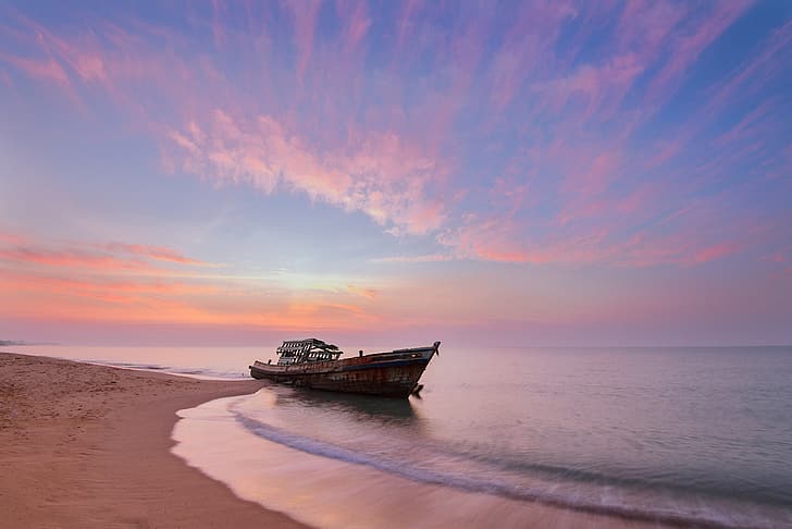 sea, wave, beach, summer, the sky, sunset, shore, boat, sky, pink, seascape, beautiful, sand, purple, HD wallpaper