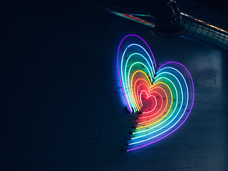 wielokolorowe oznakowanie neonowe w kształcie serca, serce, neon, oświetlenie, ściana, Tapety HD