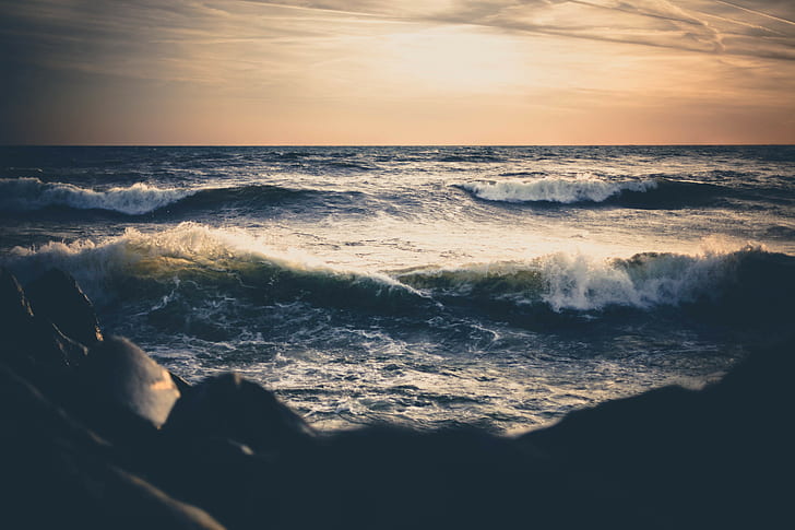 olas, puesta de sol, mar, Fondo de pantalla HD