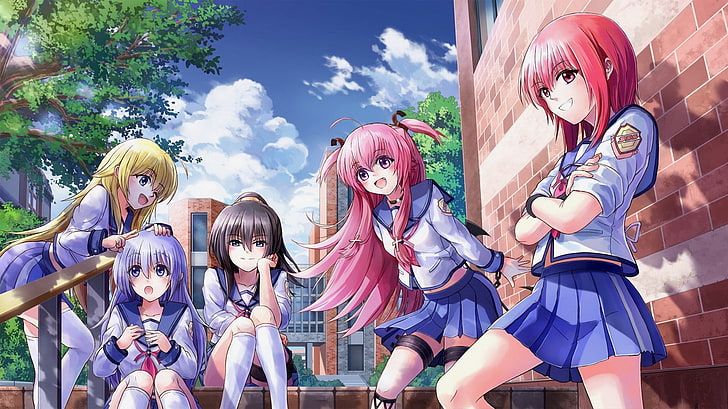 anime, anime girls, Angel Beats!, school uniform, schoolgirl, Iwasawa Masami, trees, Yui (Angel Beats!), HD wallpaper