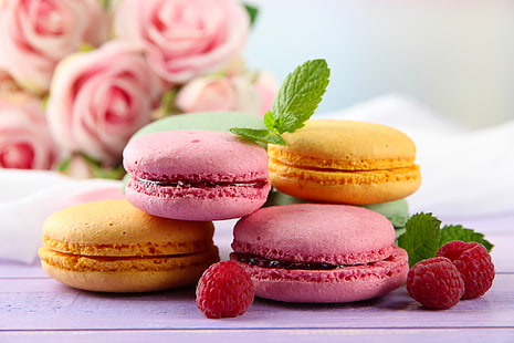five French macaroons, berries, raspberry, roses, cookies, dessert, sweet, macaron, almond, HD wallpaper HD wallpaper