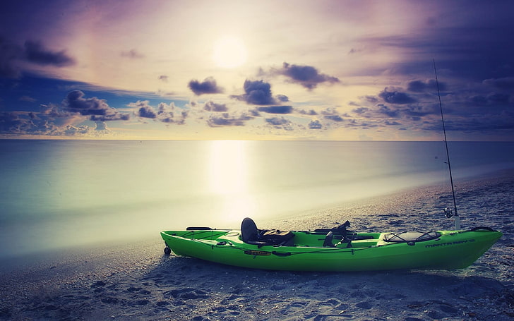 kayak verde, barco, playa, puesta de sol, arena, mar, Fondo de pantalla HD