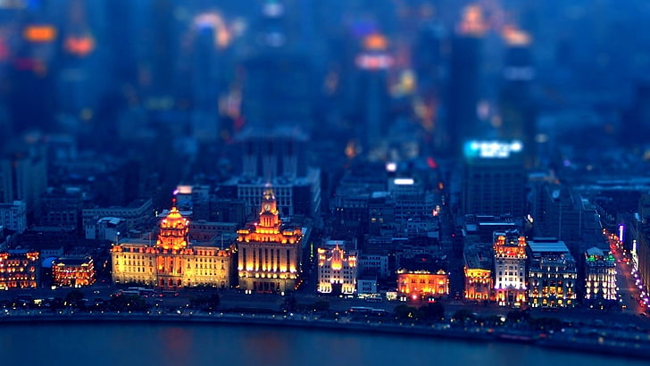 photographie tilt-shift de paysage urbain, micro photographie de ville miniature, paysage urbain, floue, lumières, bâtiment, tilt shift, Shanghai, Fond d'écran HD