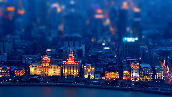 снимане с наклон на градски пейзаж, микро фотография на миниатюрен град, градски пейзаж, замъглено, светлини, сграда, смяна на наклон, Шанхай, HD тапет HD wallpaper