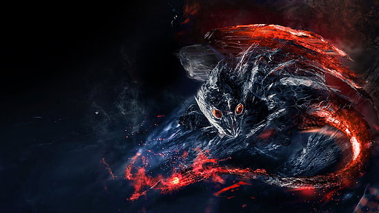 черный и красный монстр цифровые обои, огонь, дракон, HD обои HD wallpaper