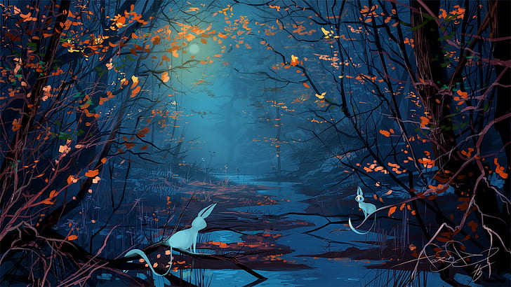 seni fantasi, alam, sungai kecil, dongeng, hutan fantasi, negeri dongeng, hutan, pohon, menggambar, daerah berhutan, kegelapan, ilustrasi, Wallpaper HD