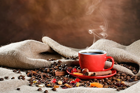 قهوة ، فنجان ، قرفة ، كيس ، حبوب بن ، بهارات، خلفية HD HD wallpaper