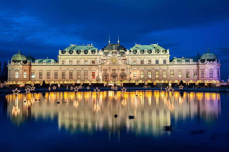 Istana, Istana, Austria, Bangunan, Malam, Refleksi, Wina, Air, Wallpaper HD