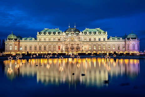 Pałace, Pałac, Austria, Budynek, Noc, Odbicie, Wiedeń, Woda, Tapety HD HD wallpaper