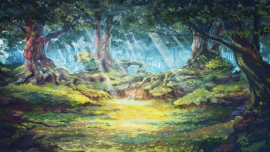 grafika, wieczne lato, las, leśna polana, korzenie, promienie słoneczne, światło słoneczne, drzewa, Tapety HD HD wallpaper