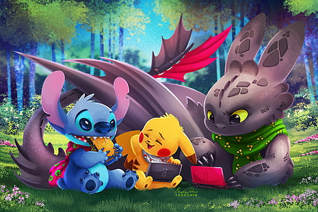 Movie, Crossover, How to Train Your Dragon, Lilo & Stitch, Pikachu, Pokémon, Stitch (Lilo & Stitch), Toothless (How to Train Your Dragon), HD wallpaper HD wallpaper