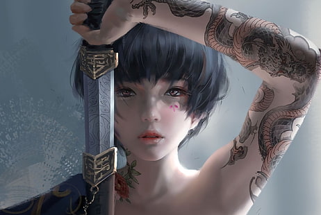 поглед, момиче, Япония, меч, татуировка, фантазия, изкуство, HD тапет HD wallpaper
