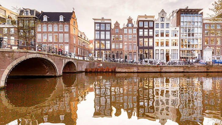 воден път, отражение, вода, канал, град, мост, канал, сграда, фасада, небе, Амстердам, Холандия, холандски, Европа, HD тапет