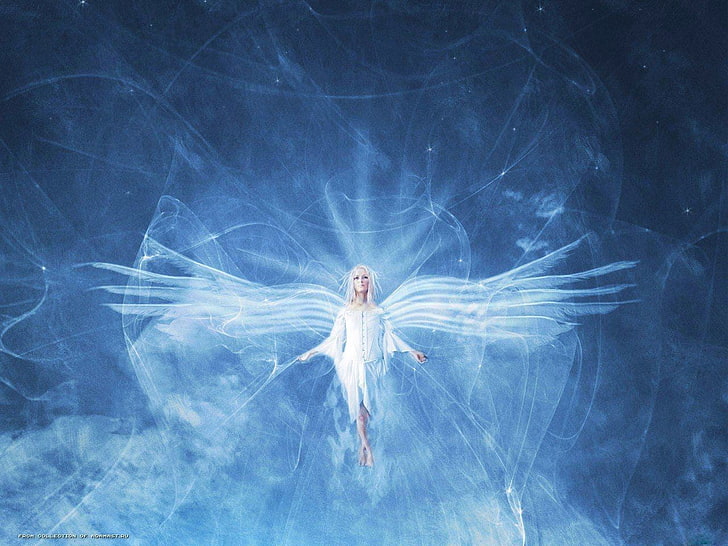 arte de fantasía, ángel, niña de fantasía, azul, alas, Fondo de pantalla HD