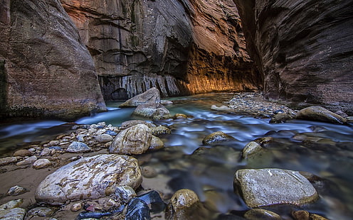 nature, river, water, rock, stones, long exposure, canyon, HD wallpaper HD wallpaper