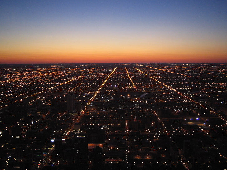 都市、都市景観、シカゴ、夕暮れ、街の灯、 HDデスクトップの壁紙