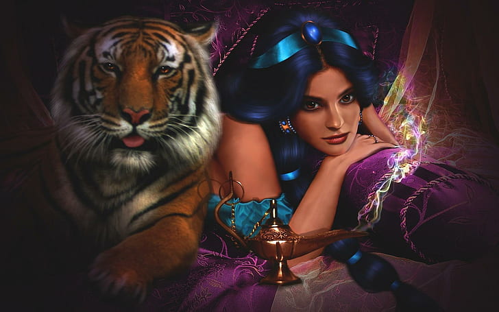Jasmin, Prinzessin Jasmin Illustration, Tiger, Dinsey, Teen, edel, Tigerin, Frau, junge Frau, Fantasie, reich, Prinzessin, blau, aladin, Fema, HD-Hintergrundbild