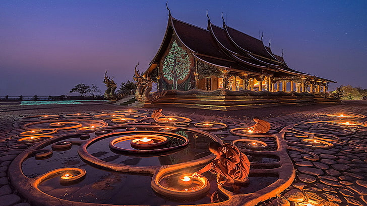 ランドマーク、空、反射、夜、寺院、夜、風景、水、仏教徒、ミャンマー、ウボンラチャターニー、タイ、 HDデスクトップの壁紙