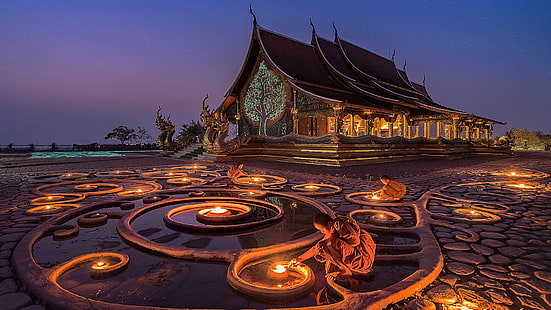 ランドマーク、空、反射、夜、寺院、夜、風景、水、仏教徒、ミャンマー、ウボンラチャターニー、タイ、 HDデスクトップの壁紙 HD wallpaper
