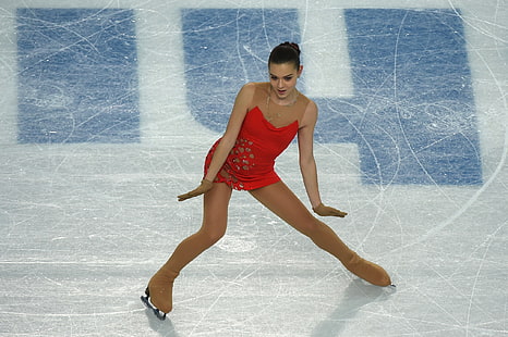 women's red and brown crew-neck sleeveless dress, figure skating, RUSSIA, Sochi 2014, The XXII Winter Olympic Games, skater, champion, sochi 2014 olympic winter games, Adelina Sotnikova, Olympic, HD wallpaper HD wallpaper