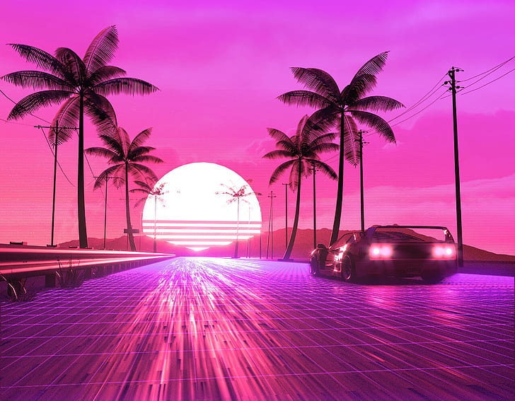 Artistic, Retro Wave, Car, Digital Art, Palm Tree, Pink, Sun, HD wallpaper
