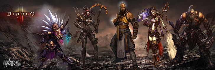 Diablo3 Dual Screen, Diablo game poster, Games, Diablo, Dual, Artwork, Characters, diablo 3, diablo iii, Wizard, 2012, вещица, ловец на демони, варварин, HD тапет