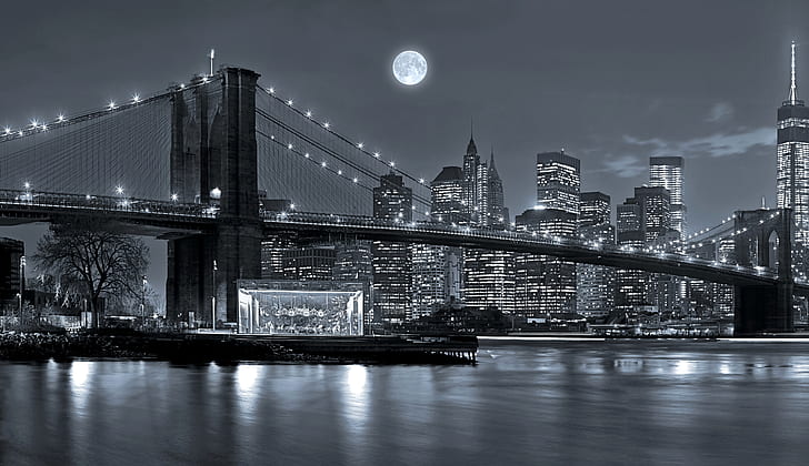 橋、ブルックリン橋、黒と白、橋、建物、月、ニューヨーク、夜、高層ビル、 HDデスクトップの壁紙
