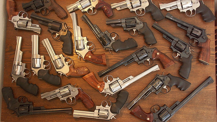 черный и серый револьвер, много пистолетов, оружие, пушки, железо, револьверы, HD обои